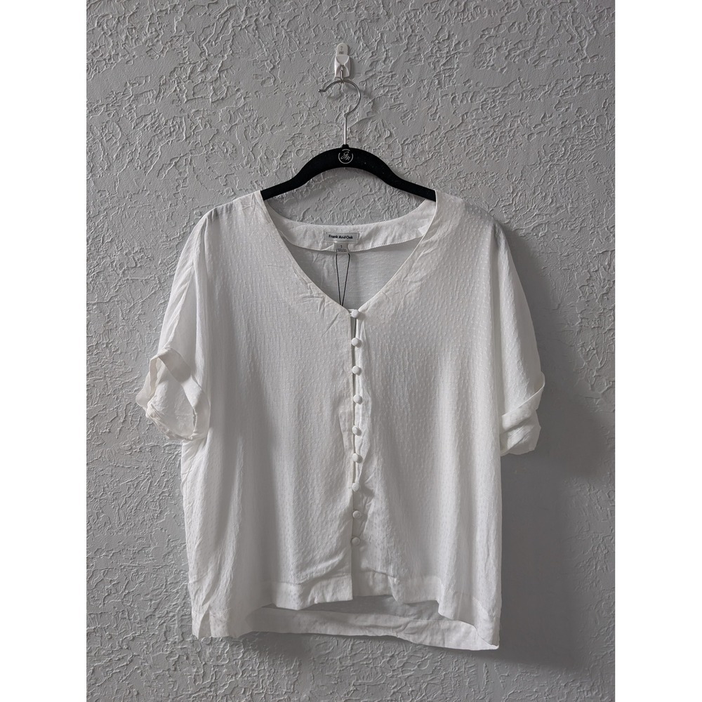 Frank And Oak Blouse Women S Rayon White Swiss Dot Button Front V-Neck